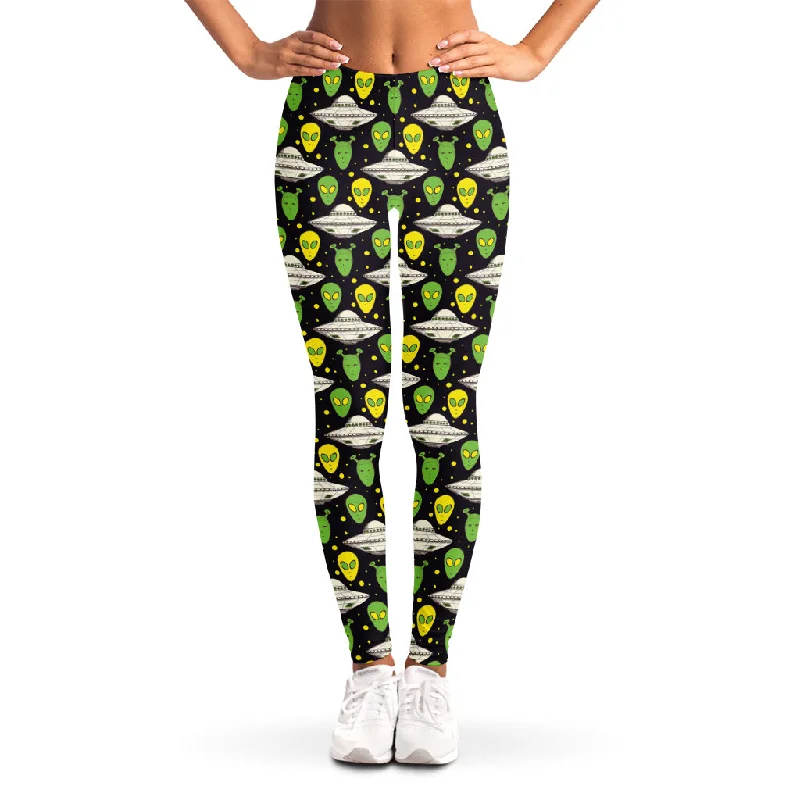 Green Alien UFO Space Print Women's Leggings Casual Sporty Leggings