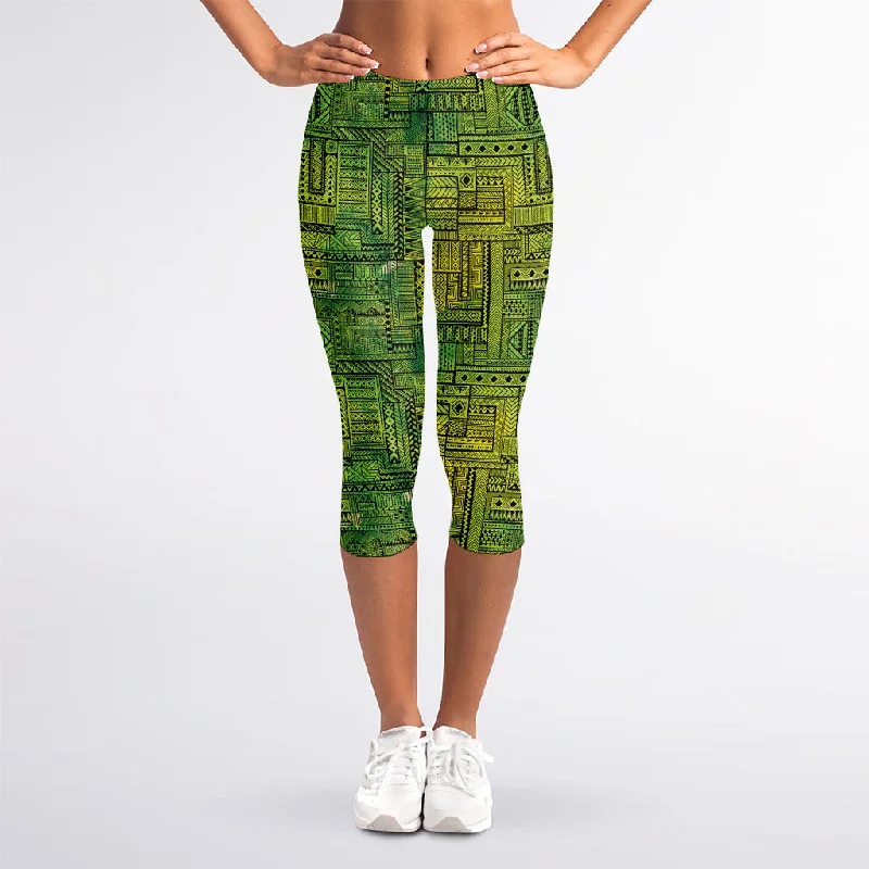 Green And Black African Ethnic Print Women's Capri Leggings Cozy Warmth Leggings
