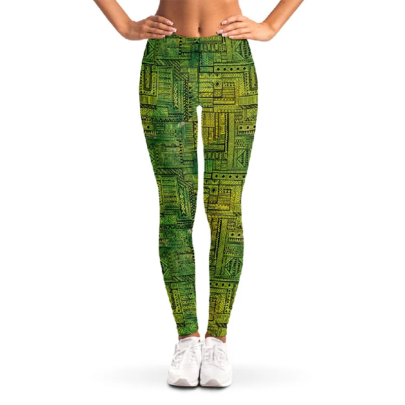 Green And Black African Ethnic Print Women's Leggings Comfortable Athletic Tights