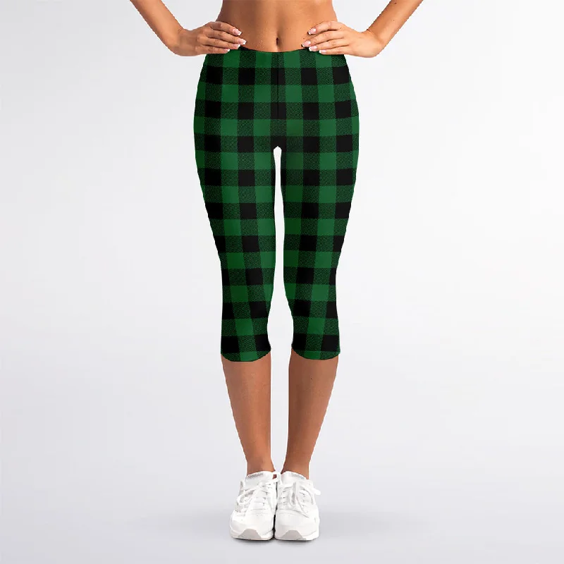 Green And Black Buffalo Check Print Women's Capri Leggings Casual Black Leggings