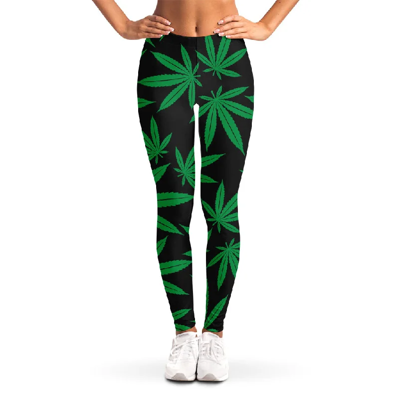 Green And Black Cannabis Leaf Print Women's Leggings Comfortable Wide-Band Leggings