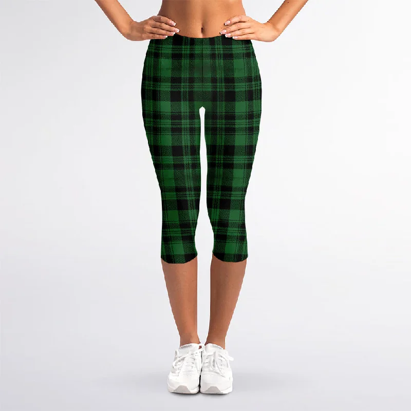 Green And Black Tartan Pattern Print Women's Capri Leggings Trendy Mesh Leggings