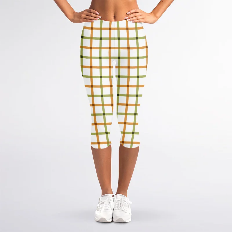 Green And Orange Tattersall Print Women's Capri Leggings Comfortable Lounge Leggings