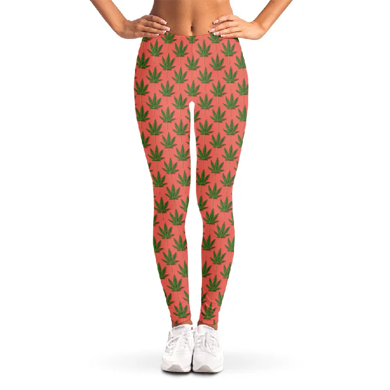 Green And Pink Cannabis Leaf Print Women's Leggings Stylish Side-Stripe Leggings