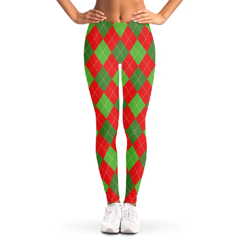 Green And Red Argyle Pattern Print Women's Leggings Trendy Seamless Sports Leggings