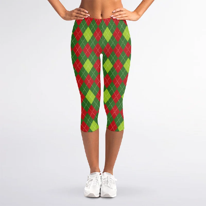 Green And Red Christmas Argyle Print Women's Capri Leggings Cozy Ribbed Leggings