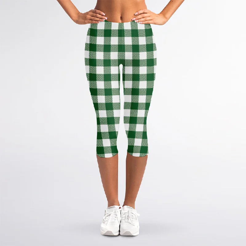 Green And White Buffalo Check Print Women's Capri Leggings Chic Workout Leggings