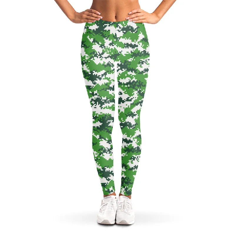 Green And White Digital Camo Print Women's Leggings Fashionable Solid Color Tights