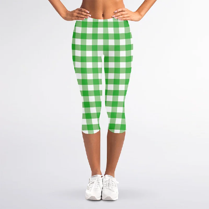 Green And White Gingham Pattern Print Women's Capri Leggings Fashionable Minimal Active Leggings
