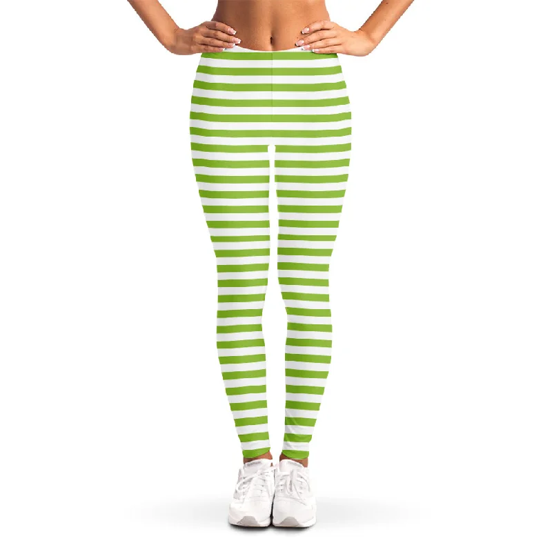 Green And White Striped Pattern Print Women's Leggings Stylish Everyday Leggings