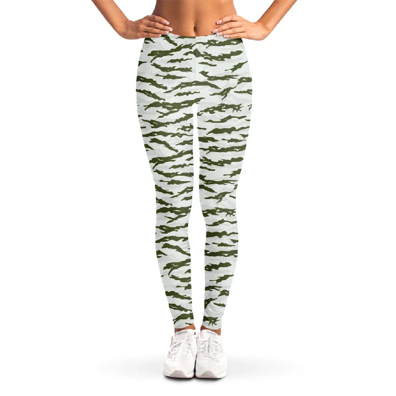 Green And White Tiger Stripe Camo Print Women's Leggings Comfortable Ribbed Waistband Leggings