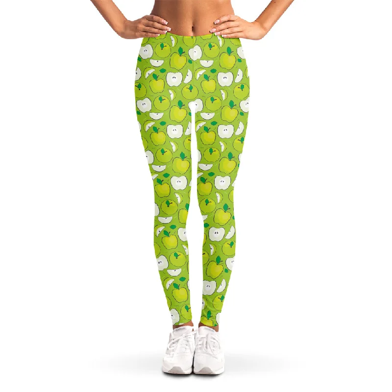 Green Apple Fruit Pattern Print Women's Leggings Elegant Full-Body Leggings