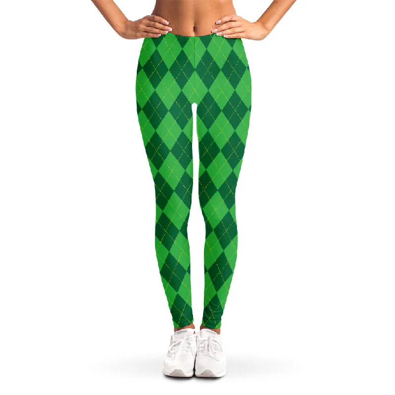 Green Argyle Pattern Print Women's Leggings Elegant Textured Leggings