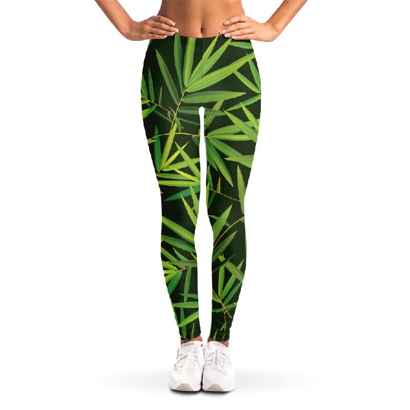 Green Bamboo Leaf Pattern Print Women's Leggings Stylish Sweatproof Leggings