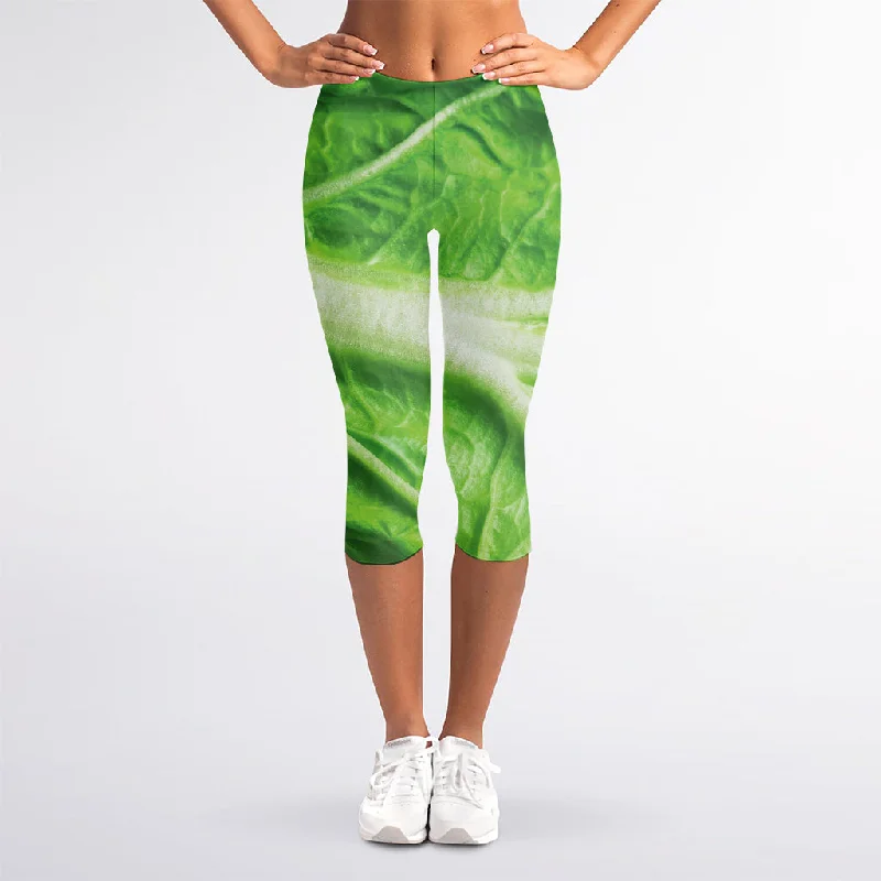 Green Cabbage Leaf Print Women's Capri Leggings Cozy Fashion Leggings