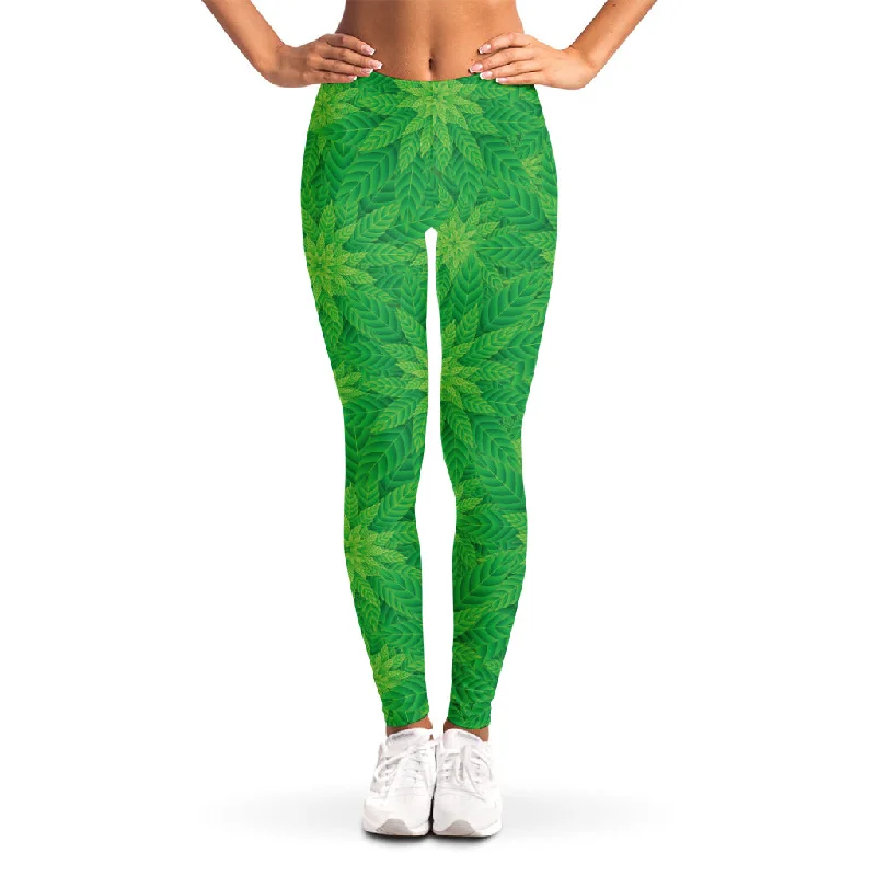 Green Cannabis Leaf Pattern Print Women's Leggings Cozy Sweat-Wicking Leggings