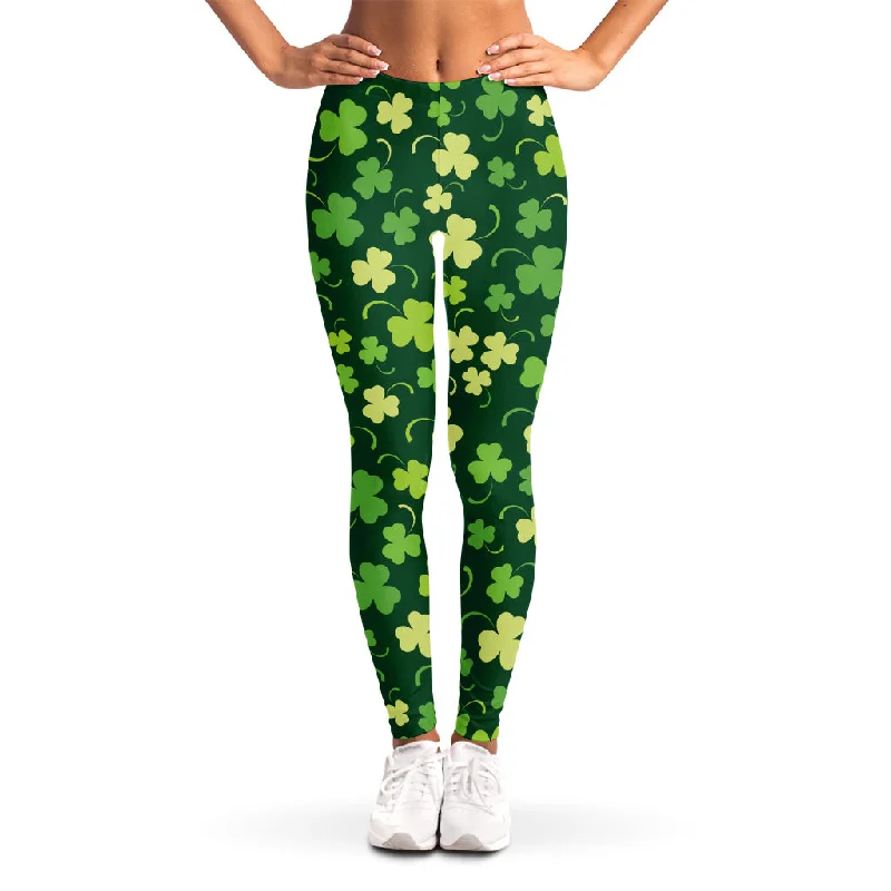 Green Clover Saint Patrick's Day Print Women's Leggings Trendy Color Block Leggings