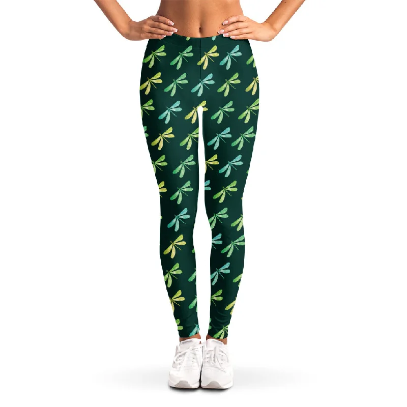 Green Dragonfly Pattern Print Women's Leggings Elegant Satin Finish Leggings