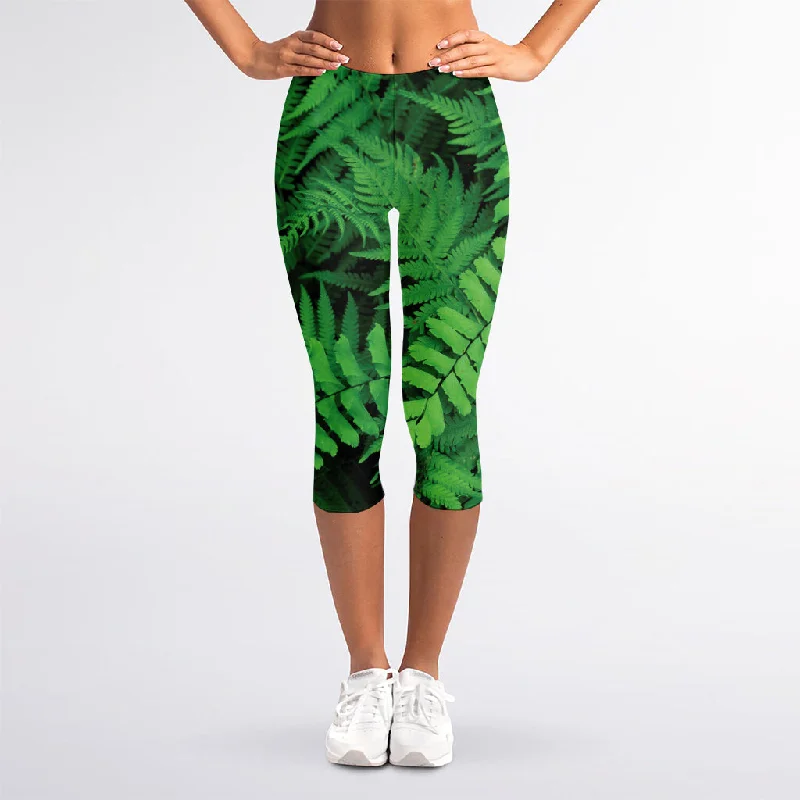 Green Fern Leaf Print Women's Capri Leggings Elegant Full-Body Leggings