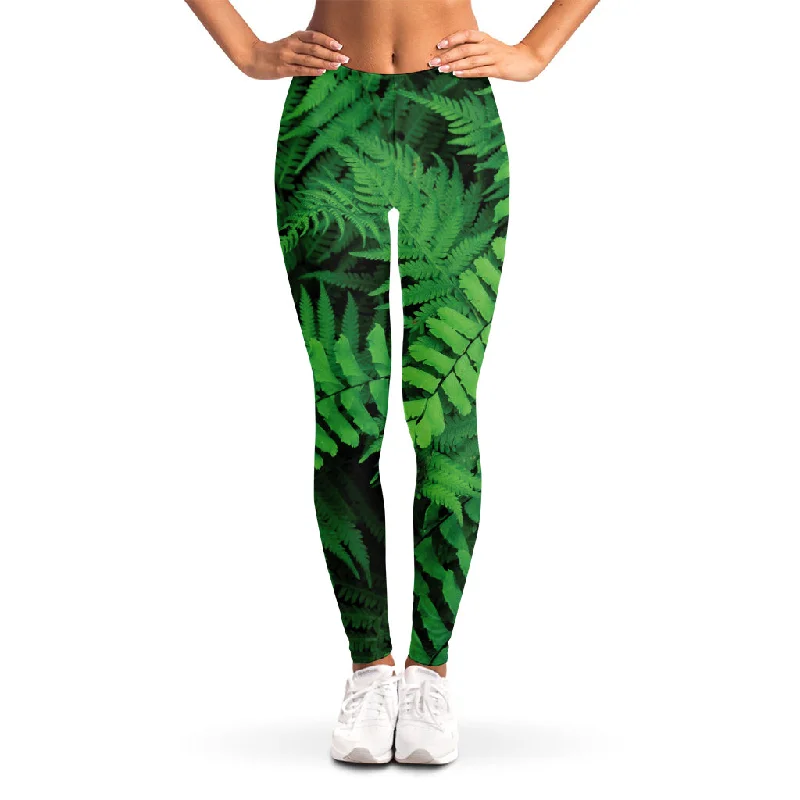 Green Fern Leaf Print Women's Leggings Casual Slim-Fit Leggings