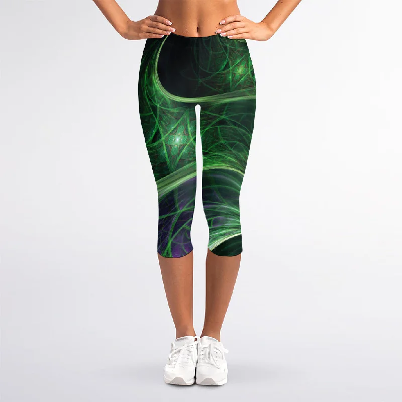 Green Fractal Print Women's Capri Leggings Comfortable Zip-Up Leggings