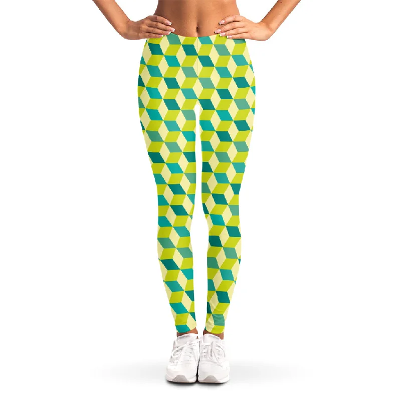 Green Geometric Cube Shape Pattern Print Women's Leggings Chic Floral Print Leggings