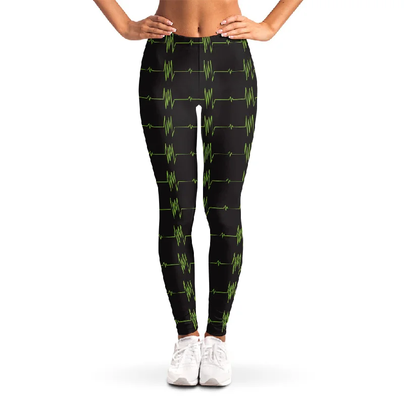 Green Heartbeat Pattern Print Women's Leggings Elegant Velvet Leggings