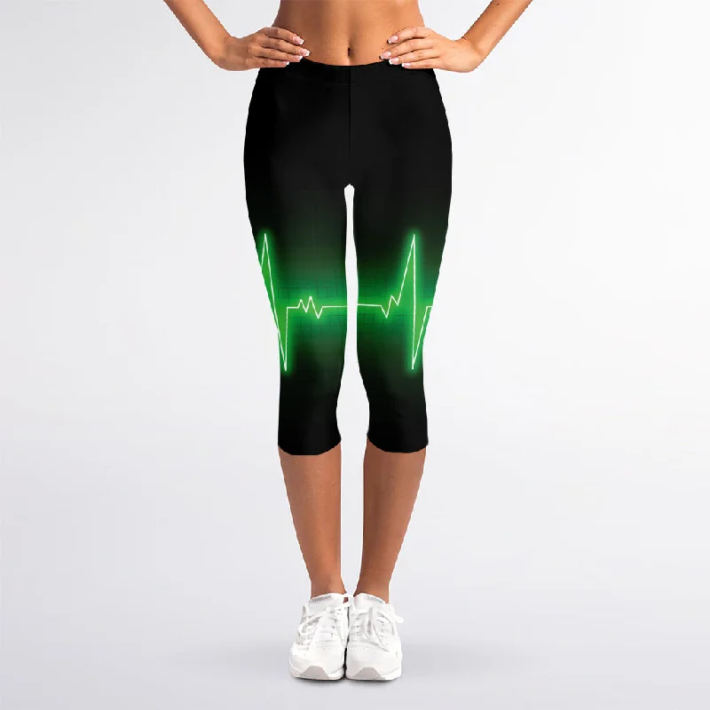 Green Heartbeat Print Women's Capri Leggings Cozy Lounge Pants Leggings