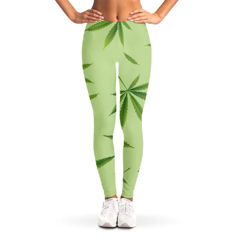 Green Hemp Leaves Pattern Print Women's Leggings Fashionable Lacy Detail Leggings