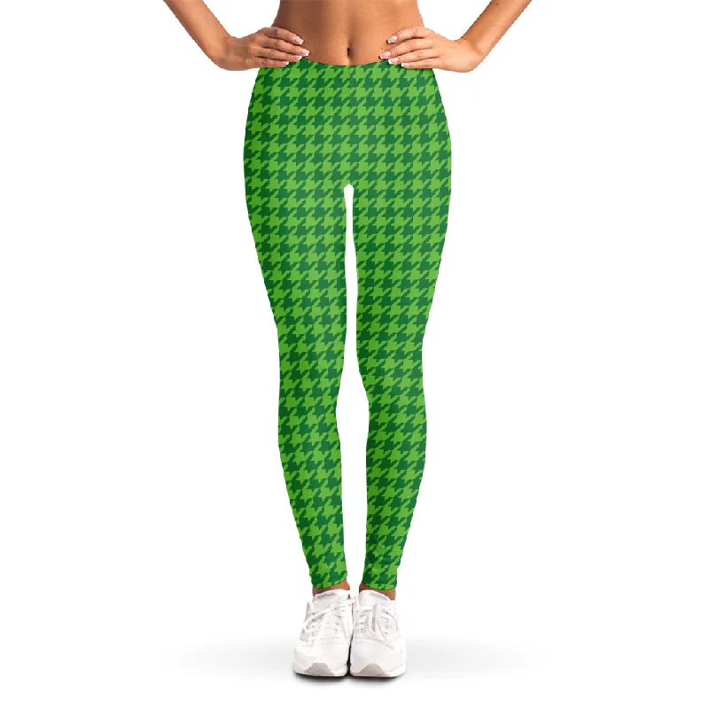 Green Houndstooth Pattern Print Women's Leggings Classic Solid Color Leggings