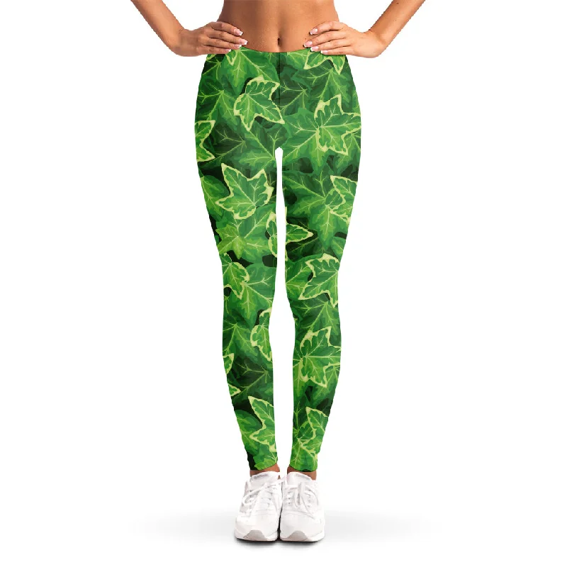 Green Ivy Leaf Pattern Print Women's Leggings Comfortable Stretch Leggings