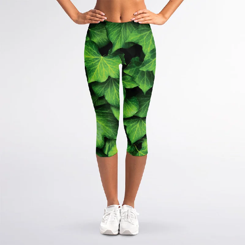 Green Ivy Leaf Print Women's Capri Leggings Trendy Polka Dot Leggings