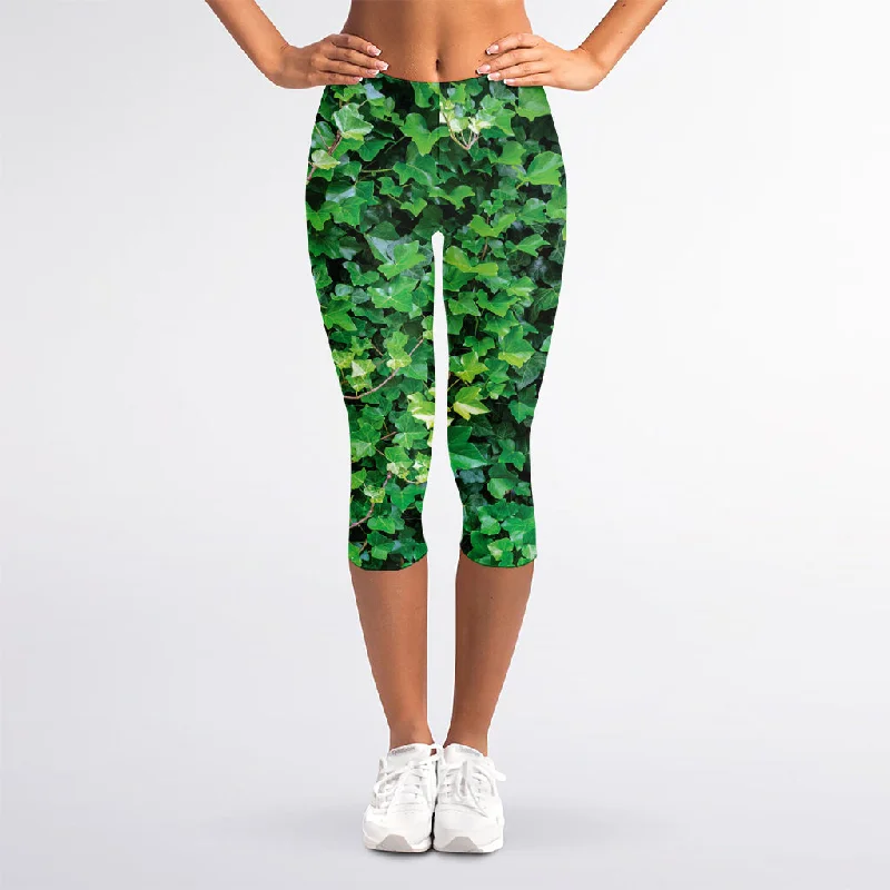 Green Ivy Wall Print Women's Capri Leggings Fashionable Quick-Dry Leggings