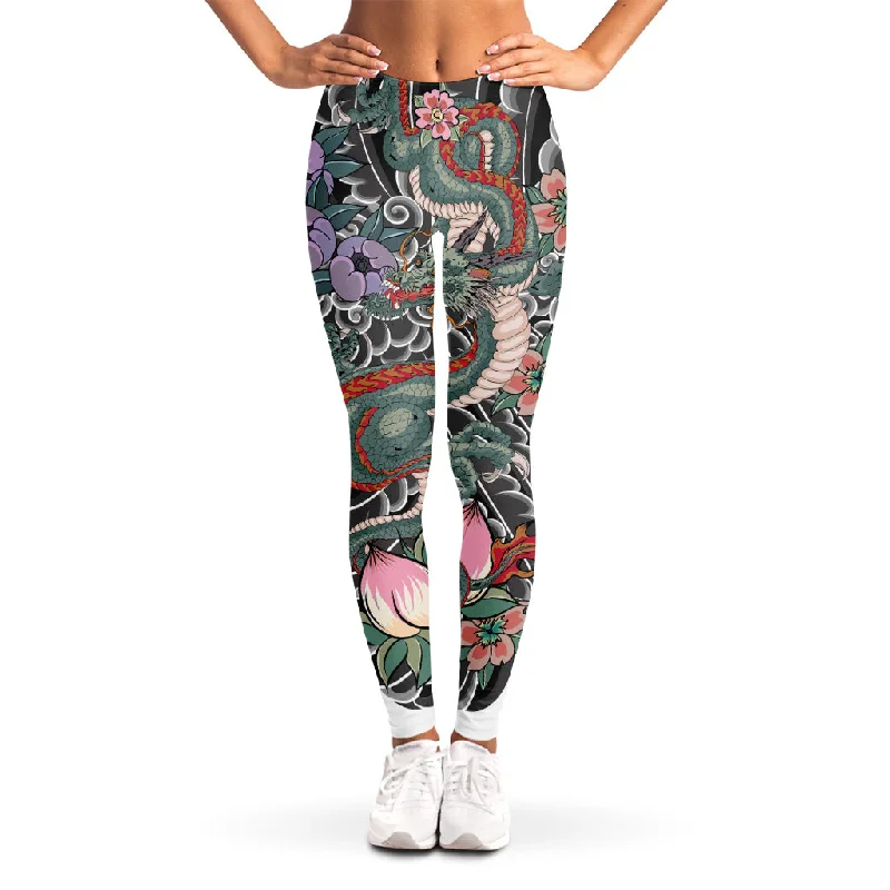 Green Japanese Dragon Tattoo Print Women's Leggings Casual Sporty Leggings