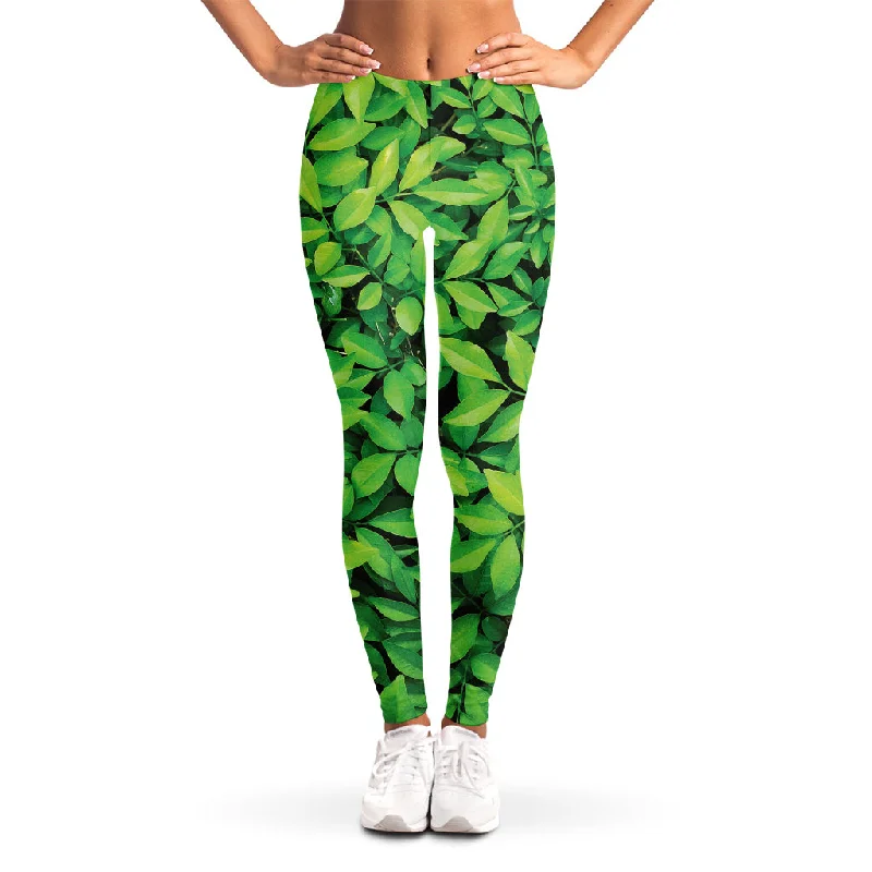Green Leaf Print Women's Leggings Elegant Casual Fit Leggings