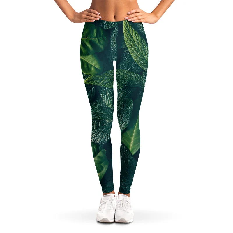 Green Leaves Print Women's Leggings Cozy Cotton Leggings