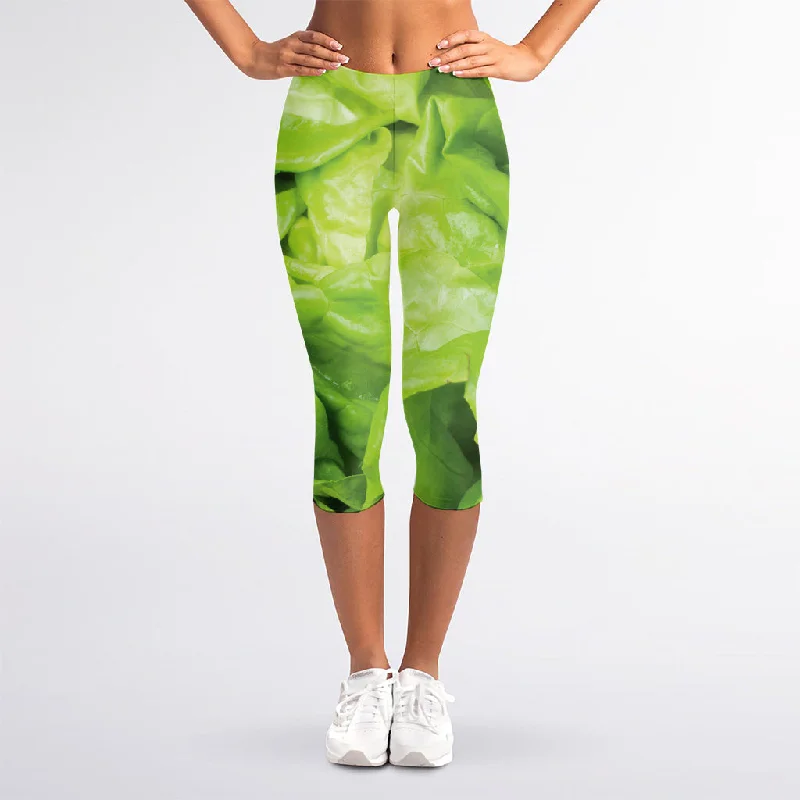 Green Lettuce Leaves Print Women's Capri Leggings Fashionable Printed Legging Pants