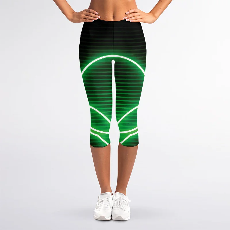 Green Light Alien Print Women's Capri Leggings Elegant Shiny Black Leggings