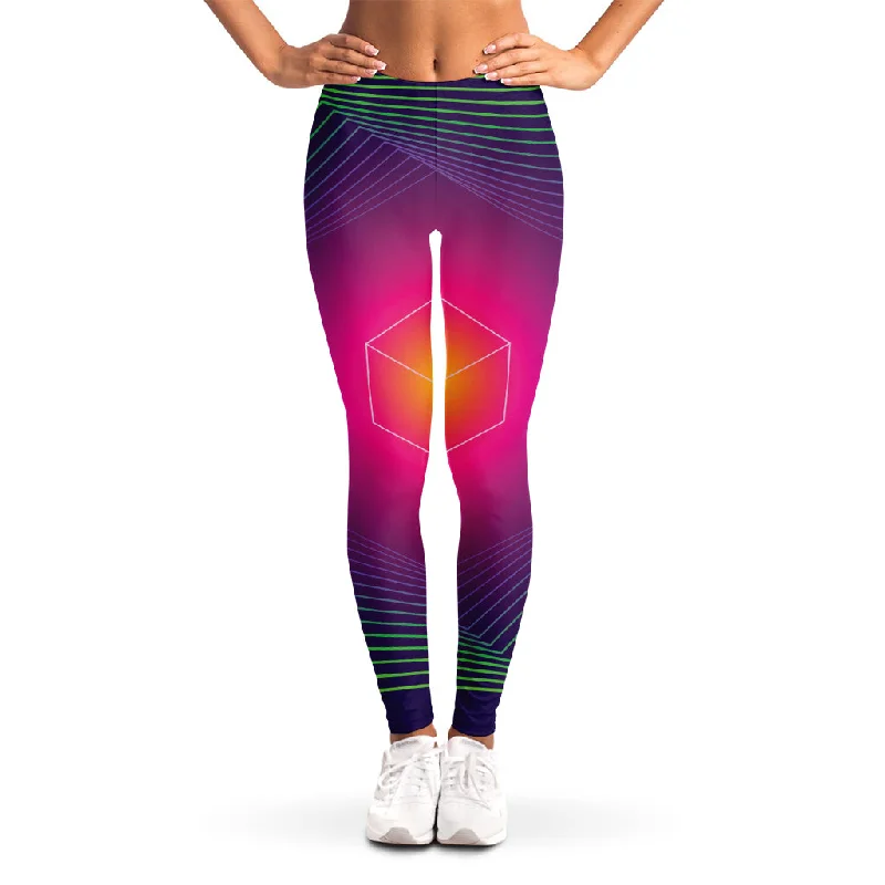 Green Light EDM Geometric Print Women's Leggings Stylish Side-Stripe Leggings