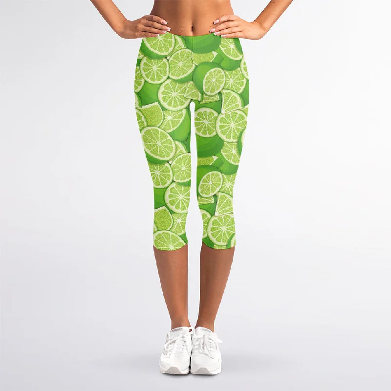 Green Lime Pattern Print Women's Capri Leggings Stylish Camo Print Leggings