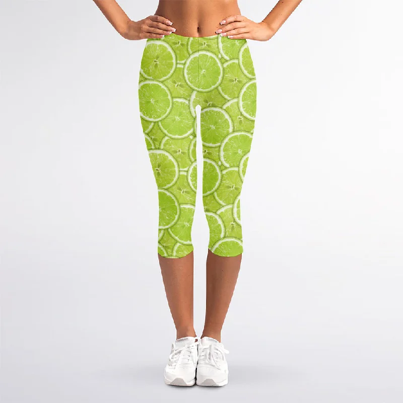 Green Lime Slices Pattern Print Women's Capri Leggings Casual Black Leggings