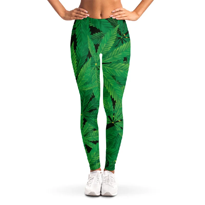 Green Marijuana Leaf Print Women's Leggings Stylish Ultra Stretch Leggings