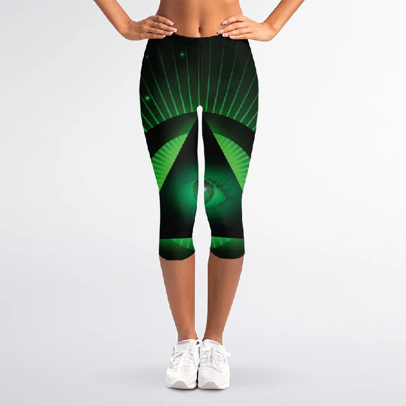 Green Masonic Eye Print Women's Capri Leggings Fashionable High-Rise Leggings