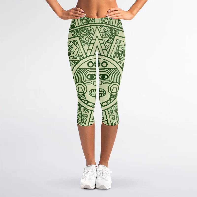 Green Maya Calendar Print Women's Capri Leggings Cozy Sweat-Wicking Leggings
