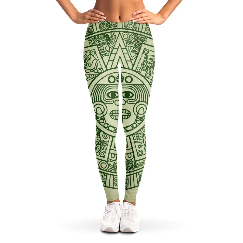 Green Maya Calendar Print Women's Leggings Comfortable Slip-On Compression Leggings