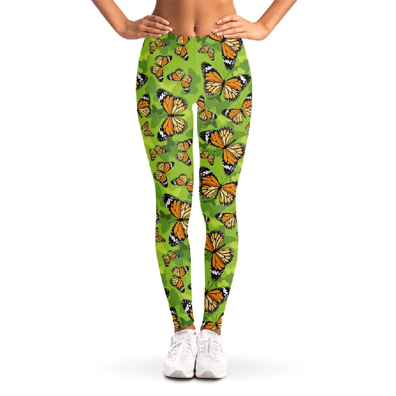 Green Monarch Butterfly Pattern Print Women's Leggings Stylish Capri Leggings