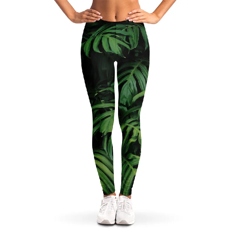 Green Monstera Leaf Print Women's Leggings Trendy Leather-Look Workout Leggings