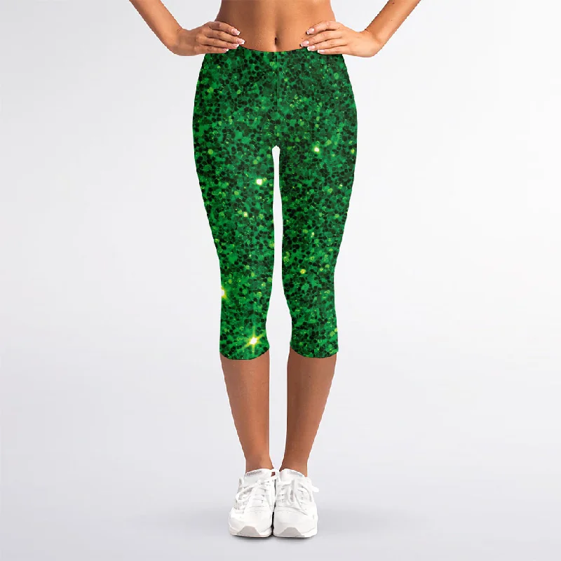 Green (NOT Real) Glitter Print Women's Capri Leggings Comfortable Running Leggings