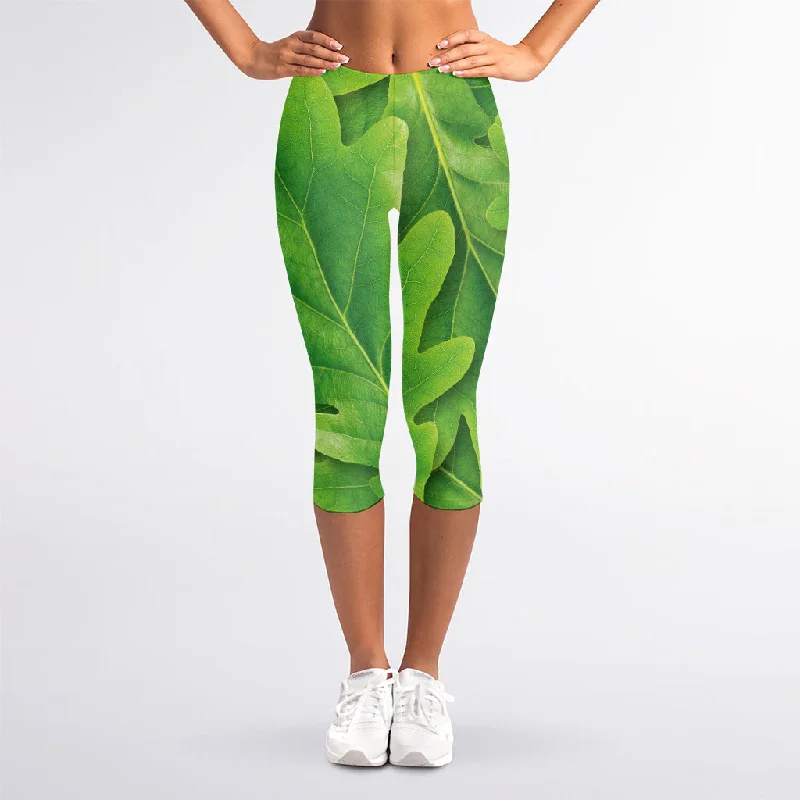 Green Oak Leaf Print Women's Capri Leggings Trendy Sports Performance Leggings