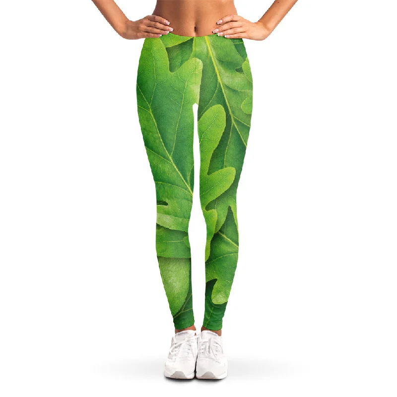 Green Oak Leaf Print Women's Leggings Cozy Yoga Compression Leggings